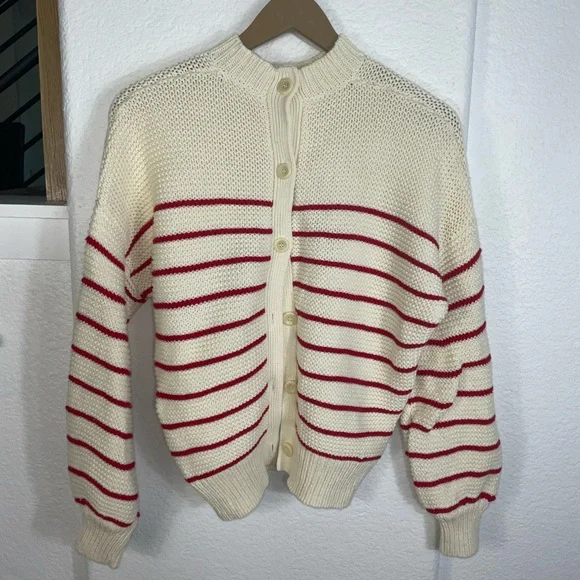 Alex Mill Cream and Red Striped Button Back Sweater - Picture 7 of 9